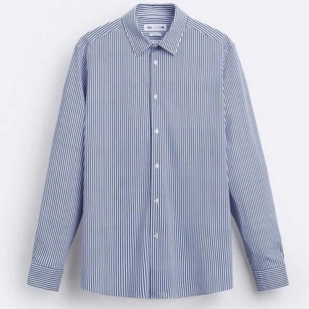 Zara Long Sleeve‎ Striped Slim Fit Shirt - XL Blue & White, Stretch Fabric